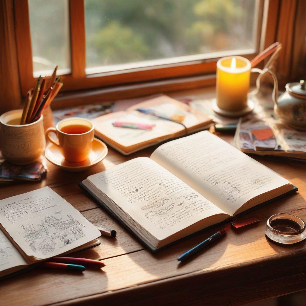 A cozy journal open on a wooden table, filled with handwritten notes and doodles. Beside it, a steaming cup of tea and a vibrant collection of art supplies, like colorful pens and brushes. In the background, soft sunlight filters through a window, casting a warm glow on the scene. Include whimsical illustrations of personal stories and passions woven throughout the journal pages. super-realistic. warm colors. soft focus.