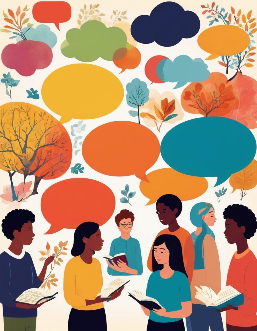 A vibrant collage depicting diverse learners engaged in discussion and sharing ideas, with speech bubbles illustrating various subjects of learning. Include symbolic representations of books, technology, and nature to signify growth and collaboration. The background should be bright and inviting, conveying a sense of community and inspiration. colorful and playful. vector art.
