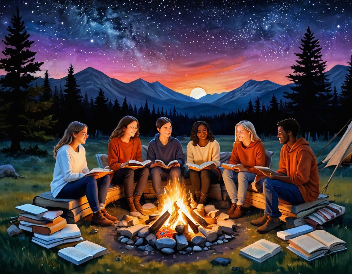 A whimsical scene depicting a diverse group of individuals sharing stories around a cozy campfire, with books and art supplies scattered around. Each person's facial expression reflects joy and engagement as they narrate their personal journeys. In the background, a starry night sky enhances a sense of wonder, symbolizing limitless creativity. Warm, inviting colors like orange and deep blue create a comforting atmosphere. painting. vibrant colors.
